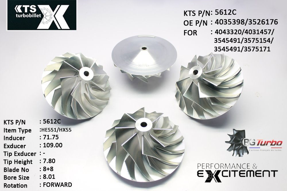 Turbo ROUE FORGÉE MFS PERFORMANCE - 8+8 PALES - INDUCER : 71,75 - EXDUCER : 109 - TYPE : HE551/HX55ANGLE : 45° - ROTATION : Forward - SUPER BACK : 9,68 - BORE SIZE : 8,01
